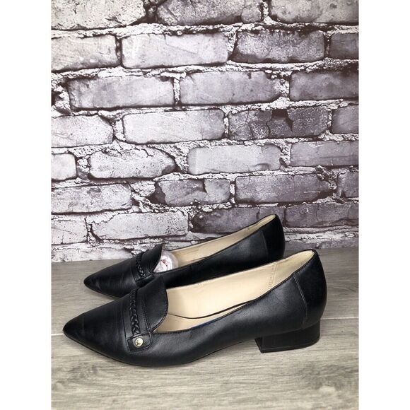 Cole Haan Black Leather Pointed Toe Braided Loafer Heel Shoes Women’s 9B US/40EU - Picture 1 of 16